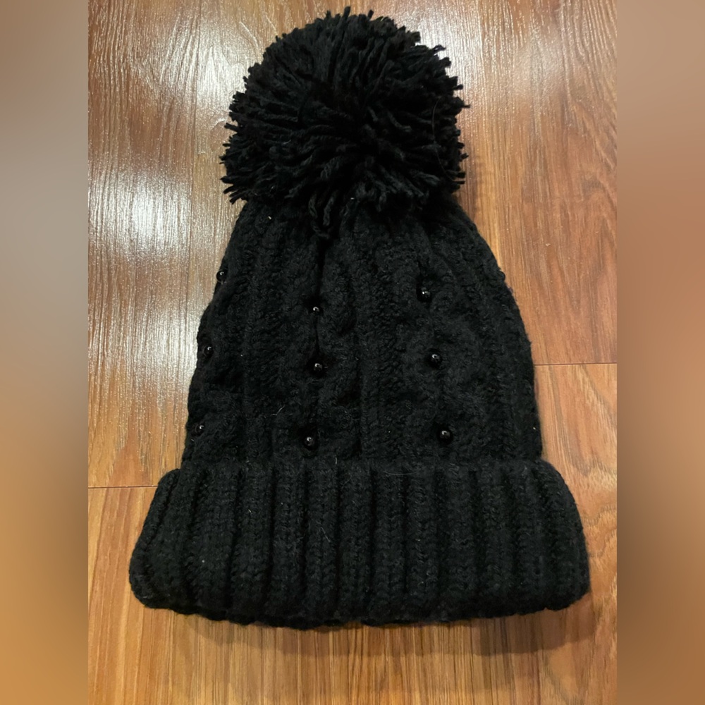 NWOT Black Knit Beaded Beanie with Pom Pom